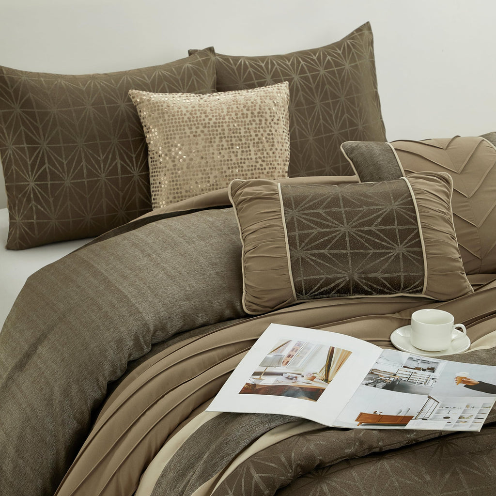 Taupe Comforter Set King Size, Geometric Bedding Set, Jacquard with Matching Solid Piecework, Bedskirt, Pillows &