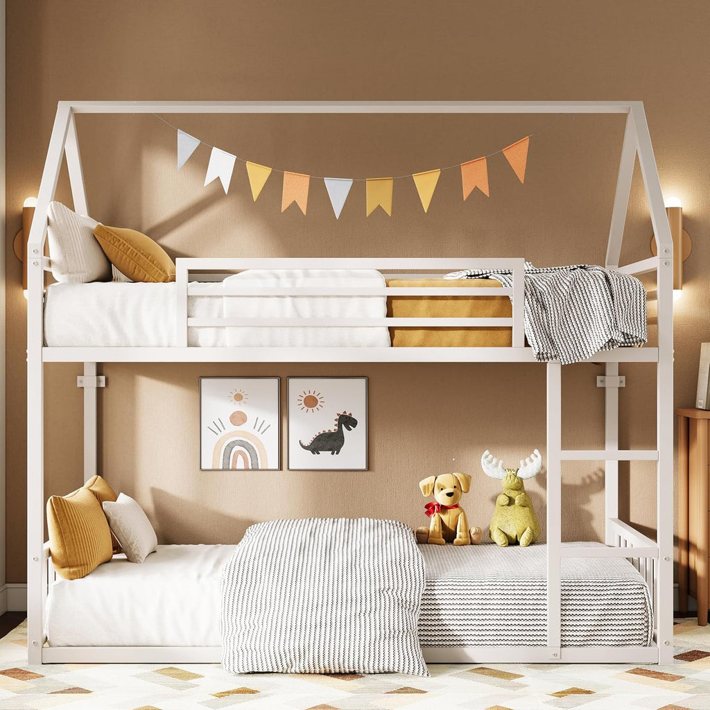 Bunk Bed Twin Over Twin, House Bunk Bed Frame with Ladder and Guardrail