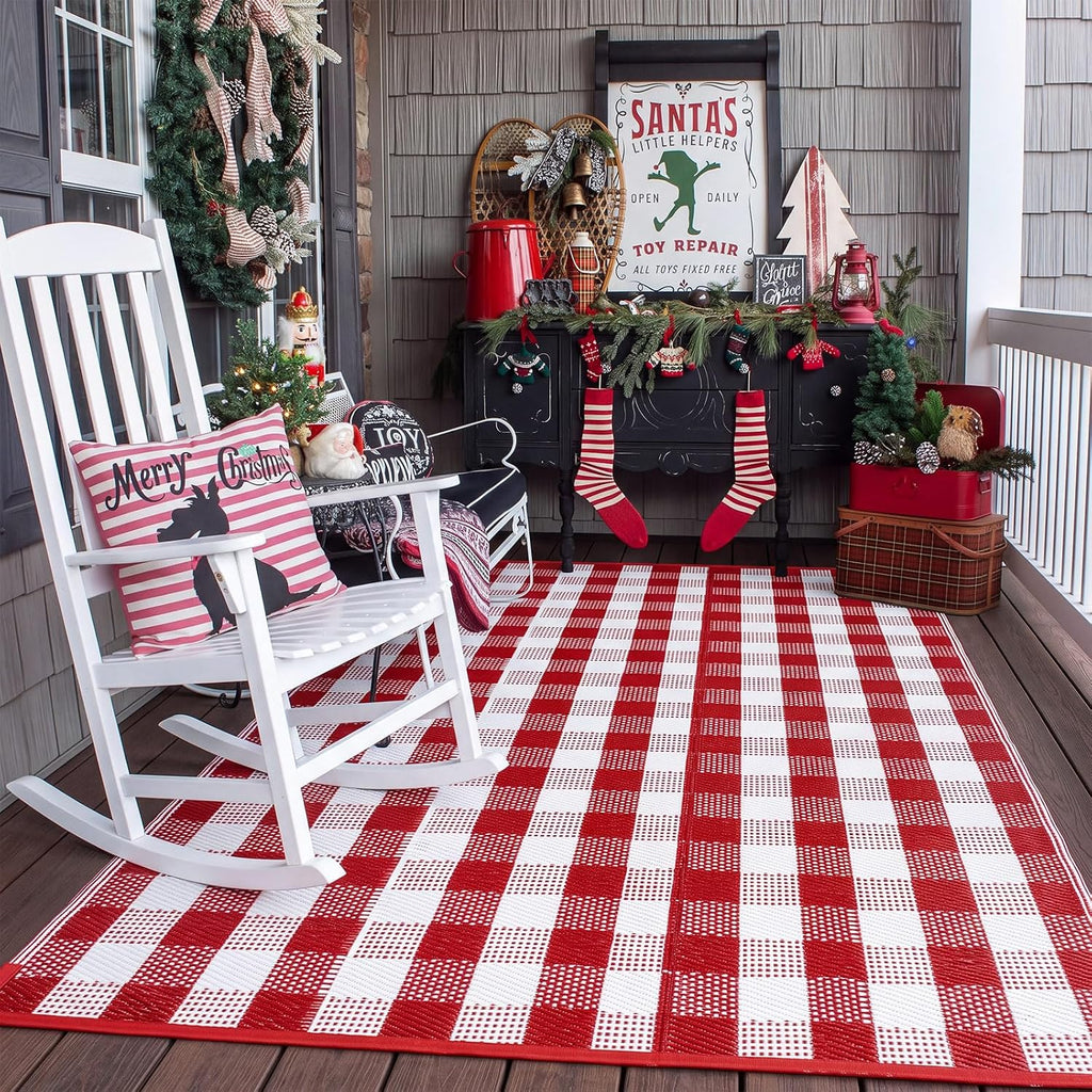 Red White Buffalo Plaid Rug 4' x 6' for Christmas Outdoor Decor
