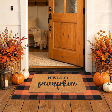Fall Decor Door Mat Combo Set, 100% Coco Coir Welcome Mat + 28 x 43 Inches Orange and Black Plaid Rug- Fall - Set of 2