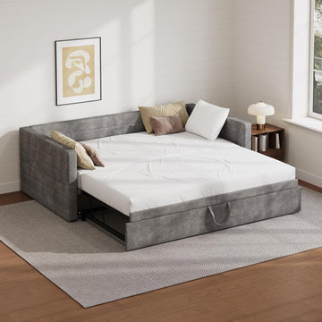 Twin to King Size Upholstered Daybed with Trundle | Space Saving Chenille Sofa Bed, Extended Pop Up Trundle, Metal