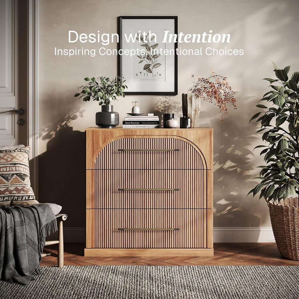 32.5" Kitchen Storage Cabinet with 3 Drawers,Freestanding Accent Cabinet with Fluted Arched Design & Gold