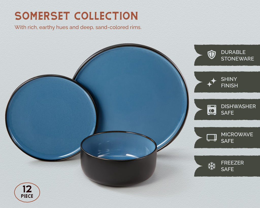 Dinnerware Set, 12 Piece Service for 4, Ceramic 10.5" Dinner Plates, 8.2" Salad Plates and 20 oz Bowls, Stoneware