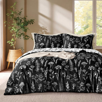 Floral Comforter Set Black Bedding Set - 3 Pieces Bed in a Bag with 1 Soft Reversible
