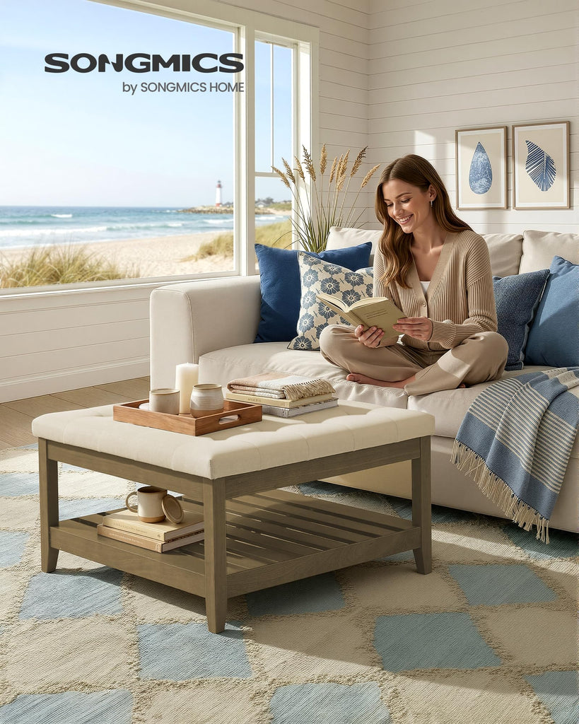 Round Coffee Table with Storage, Solid Wood Frame