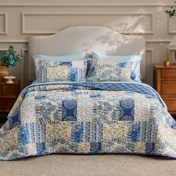 Patchwork Quilt, Reversible Boho Comforter Bedding, Blue