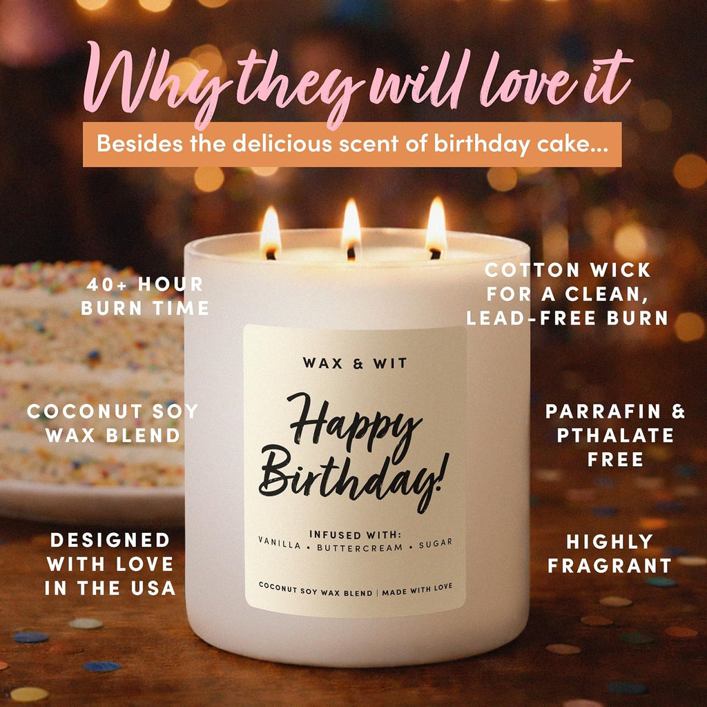 Happy Birthday Candle for Women - Birthday Cake Scented 3-Wick, Vanilla Buttercream, Large 14.5 oz Coconut Soy Wax
