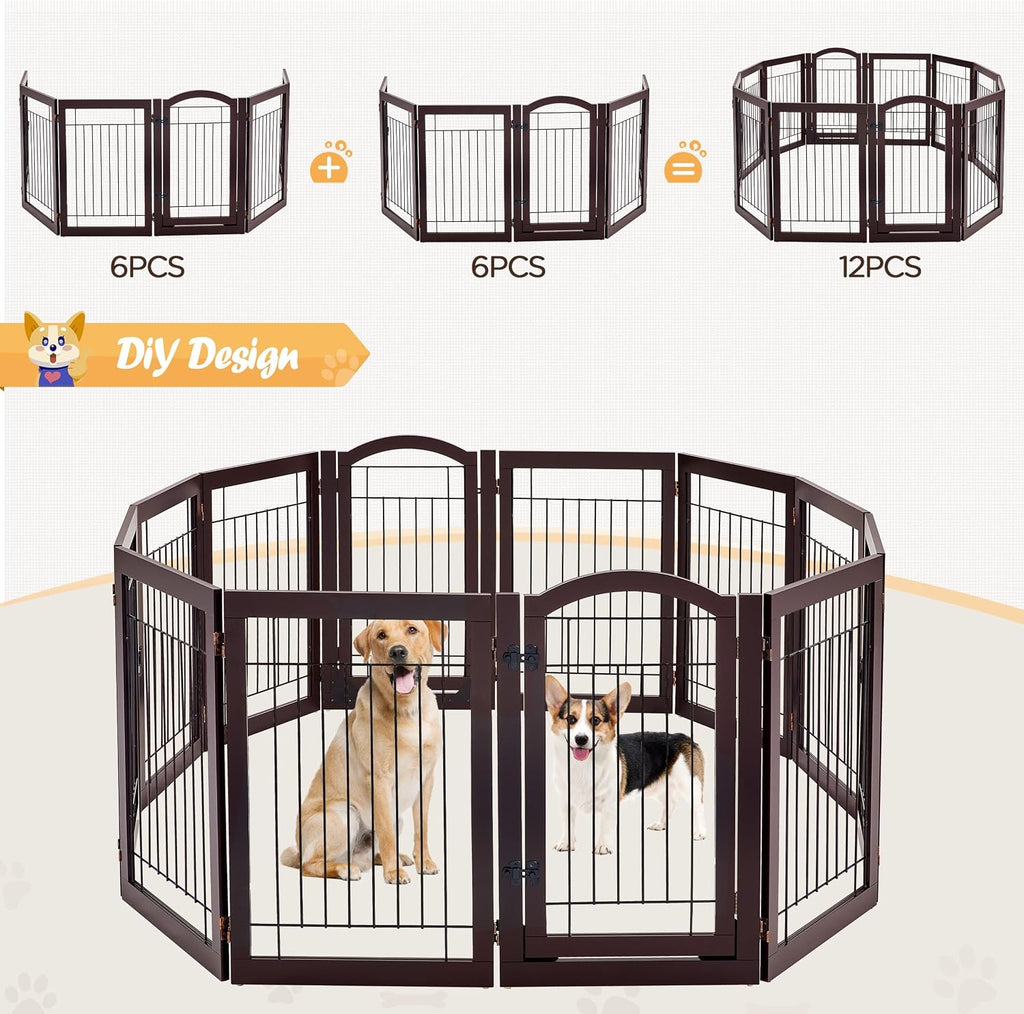 32"H 6-Panel Extra Wide Freestanding Dog Gate For Stairs Doorways