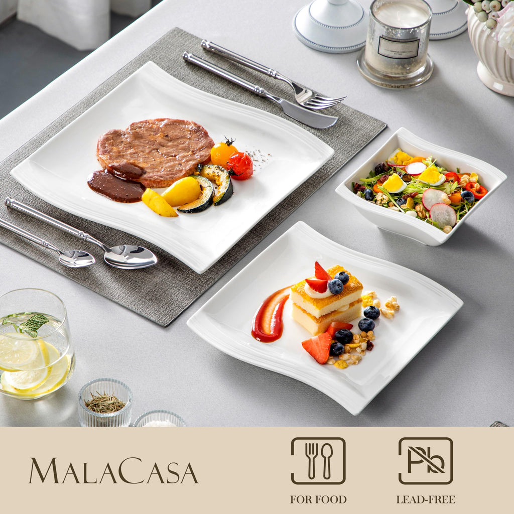 Ivory White Dinnerware Sets, 30-Piece Porcelain Plates and Bowls Sets, Modern Dish Set for 6, Square Plates