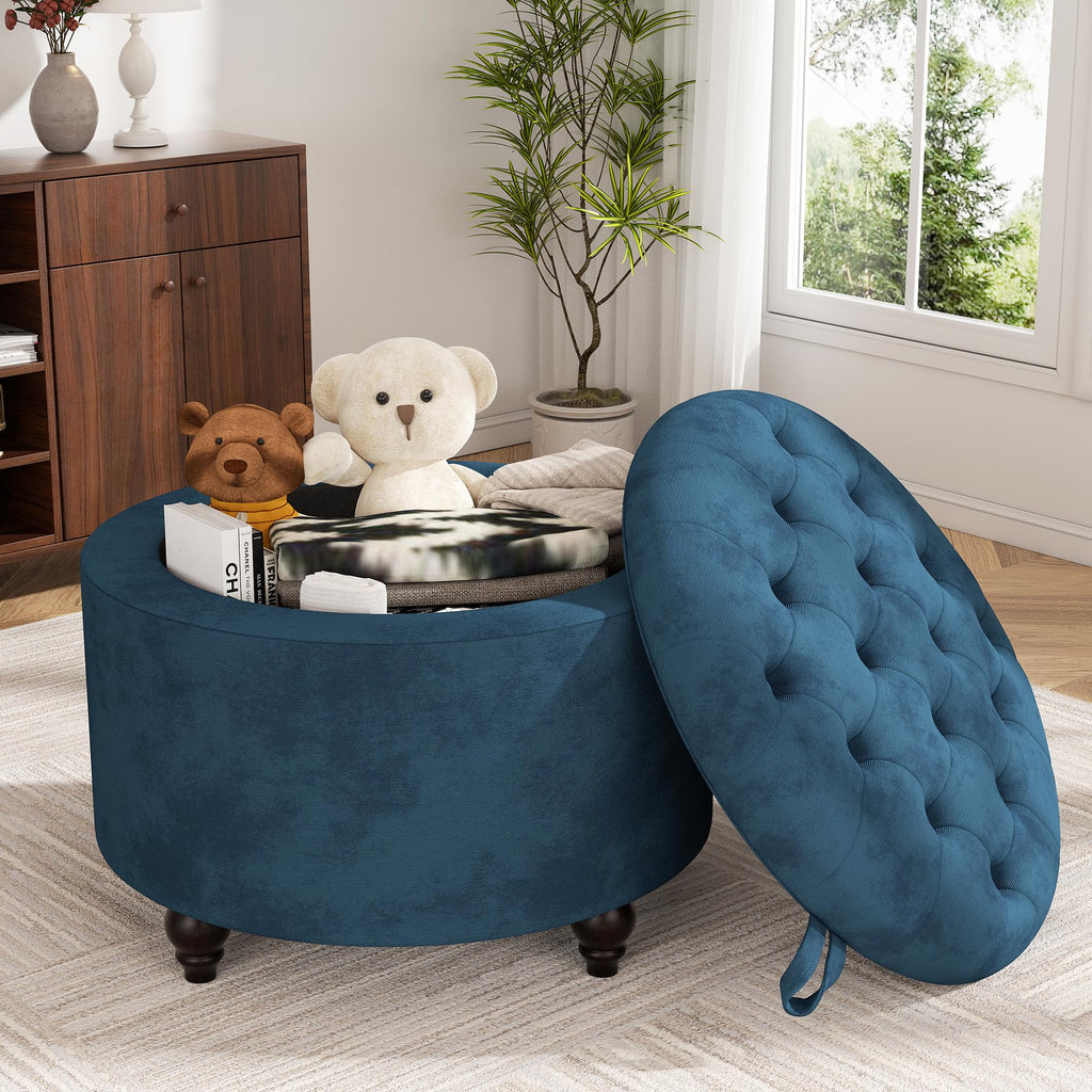 24 Inch Round Storage Ottoman, Modern Tufted Ottomans, Circular Coffee Table with Removable Top, Upholstered Large
