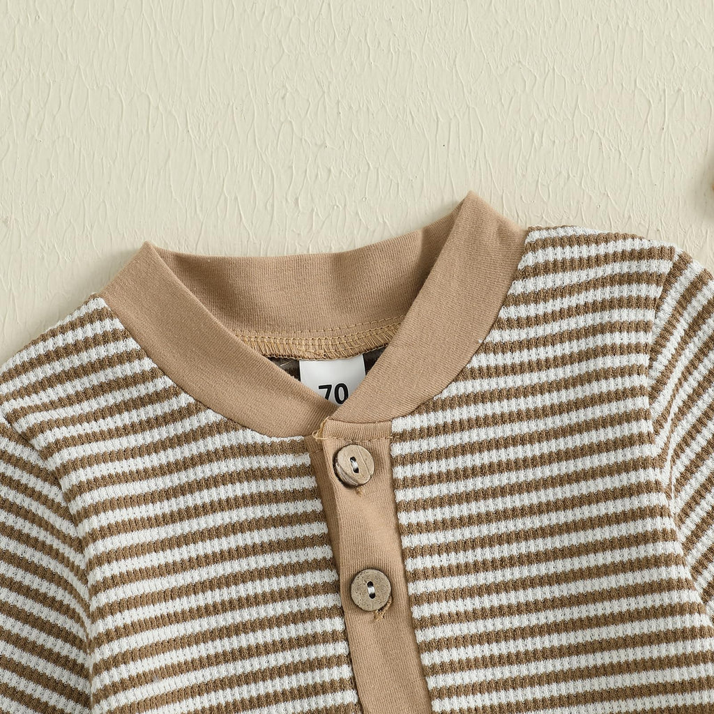 Newborn Baby Boy Romper Stripe Jumpsuit with Hat Coming Home Outfit Infant Fall Winter Clothes (Coffee #2, )