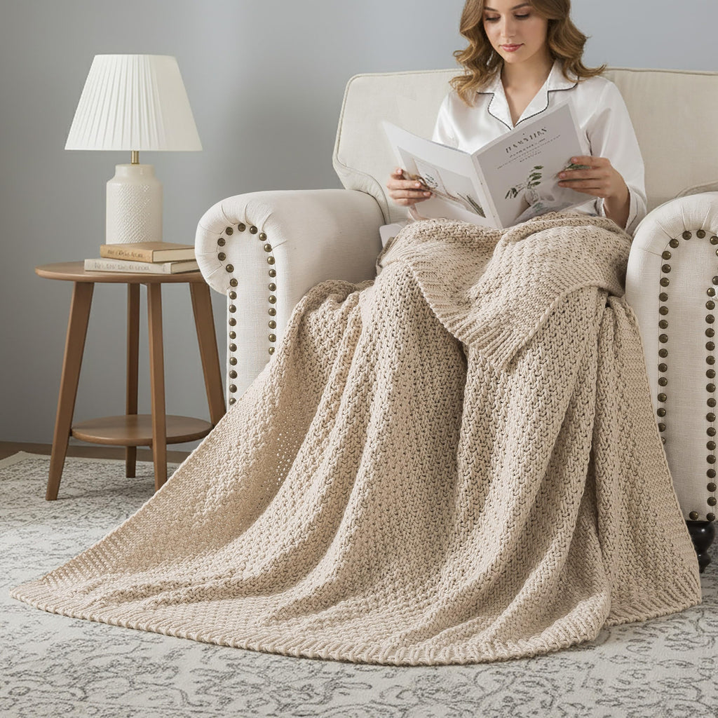 Chunky Cable Knit Throw Blanket Super Soft Warm Knitted Throw Blanket for Couch, Sofa, Chair, Bed Lightweight