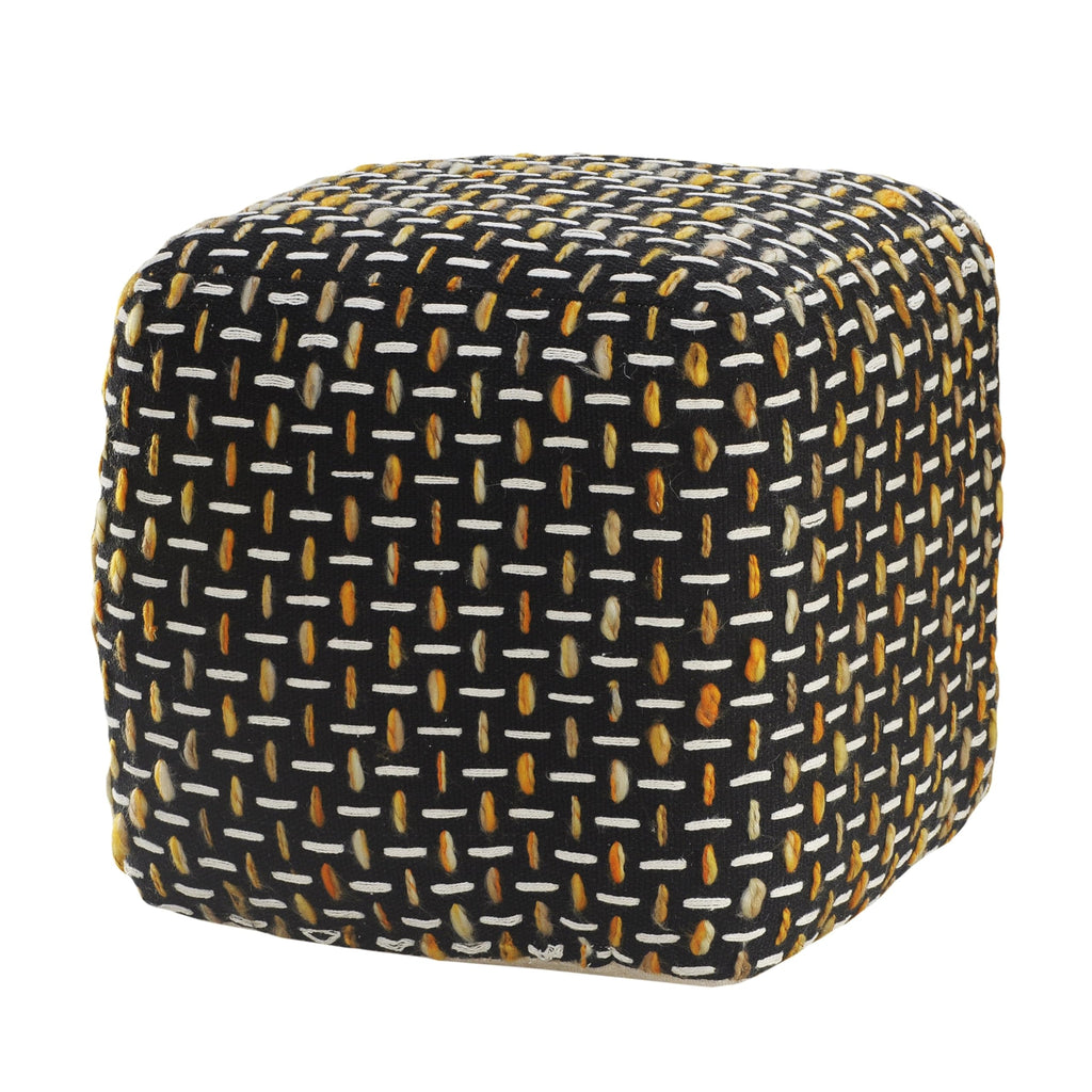 LR Home Hand-Woven Black/Gold/White Geometric Square Ottoman Pouf Decor | Lightweight Foot Rest | 16 x 16 x 16
