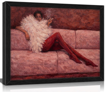 Framed Abstract Fashion Woman Canvas Wall Art, Cool Girl In Sofa Pink Ruby Print Wall Decor, Woman Sleeping Painting