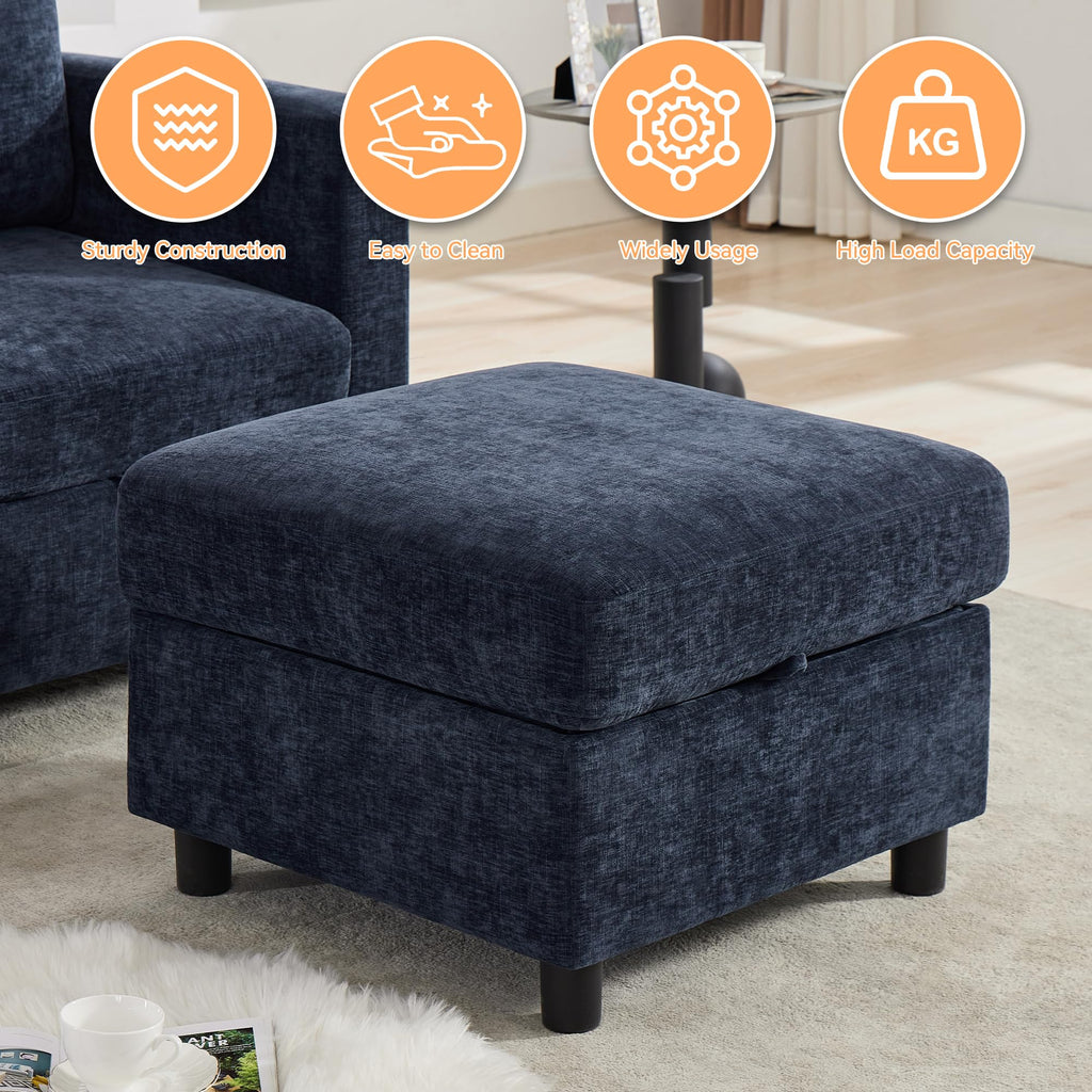 Modular Sectional Couch with Storage, 25'' Storage Sofa Ottoman, Navy