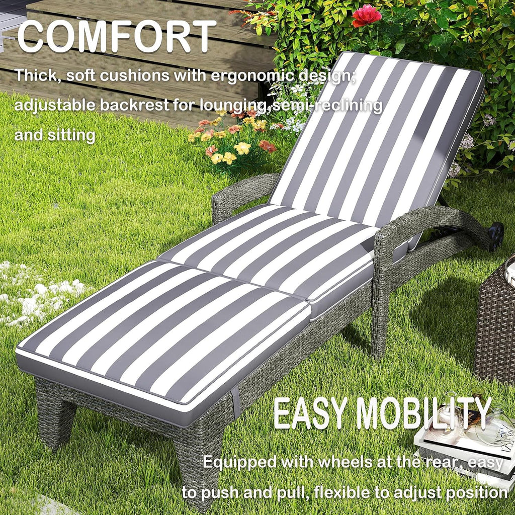 Patio Chaise Lounge Set of 2, Wicker Lounge Chairs Outdoor with Wheels, Wicker Chaise Lounges with Armrests All