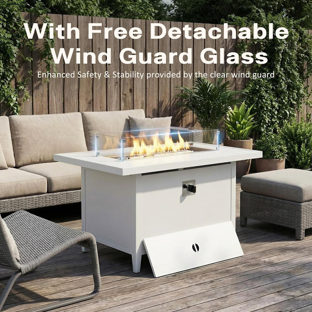 43" Aluminum Propane Fire Pit Table with 55,000 BTU, Rectangle Outdoor Gas Fire Table with Glass Wind Guard, Glass