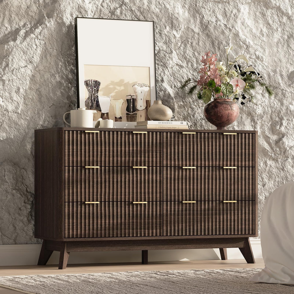 47" Wide Fluted 6 Drawers Dresser, Curved Edge, Walnut