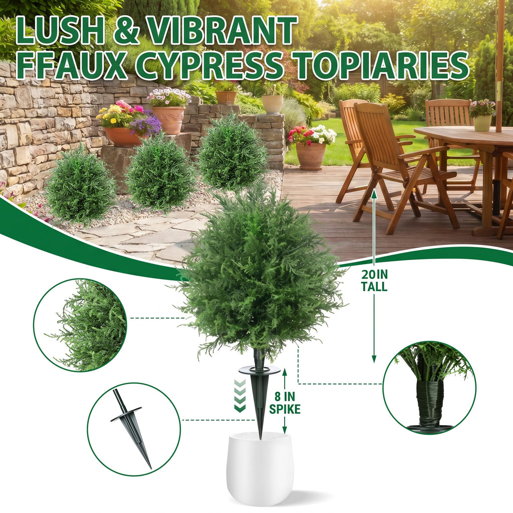 20" Artificial Cedar shrubs for Front Porch, Faux Cedar Ball Trees for Outdoors with Ground Spike, UV Resistant Faux