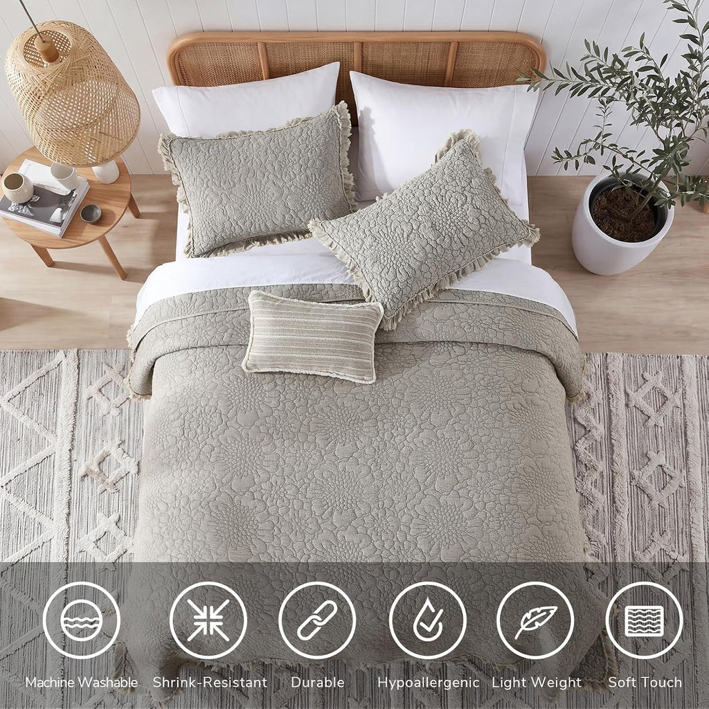 Beige Ruffled Quilt Queen, Stone-Washed Microfiber Lightweight Crinkled Farmhouse Rustic Shabby Chic Bedding Set, 3