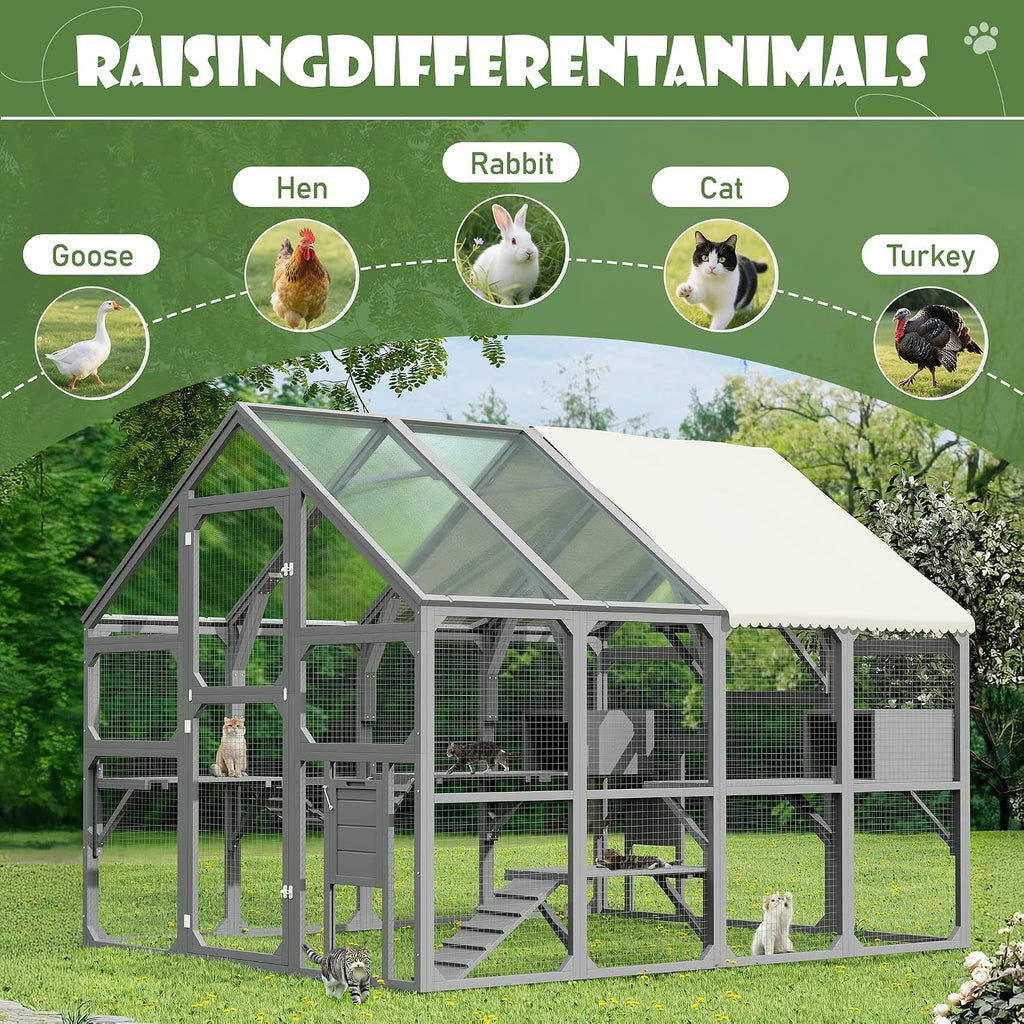 Large Catio Outdoor Cat Enclosure, Wooden Walk-in Cat House with Roof