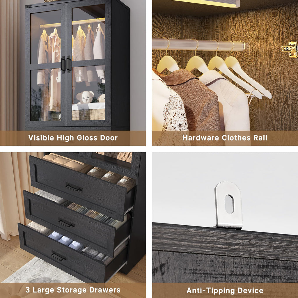 75" Tall Farmhouse 8 Doors Armoire Wardrobe Closet with 6 Drawers and LED, Freestanding Closet Wardrobe Cabinet with