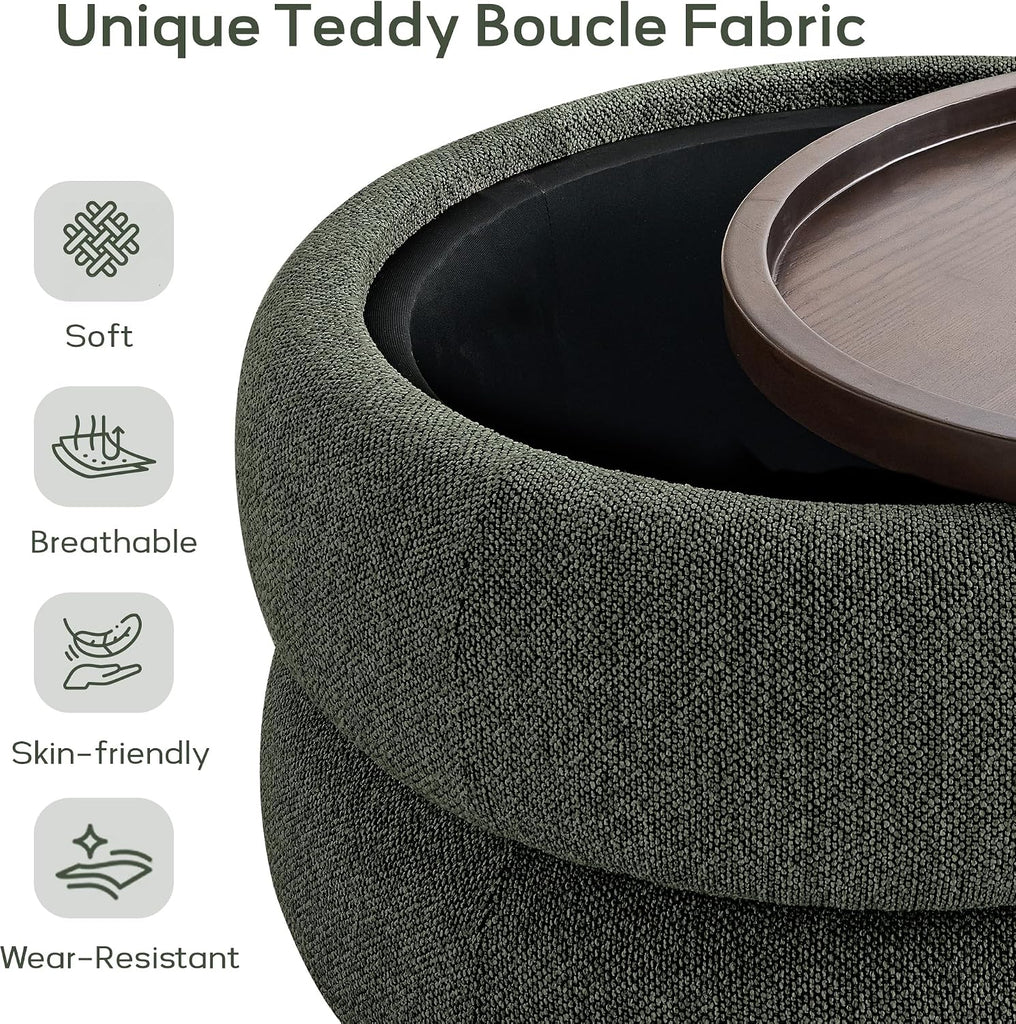 29.5" Round Boucle Storage Ottoman Coffee Table with Lift Off Lid (Green) | Upholstered Modern Ottoman with Storage