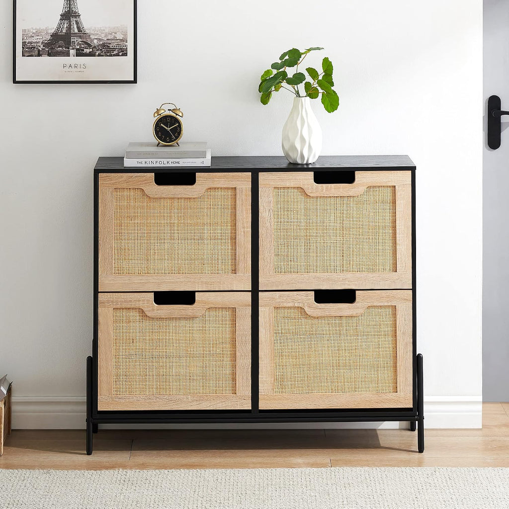 Natural Rattan Flip Drawer Shoe Cabinet Narrow Freestanding Entryway Shoe Storage Organizer Adjustable Shelves Metal