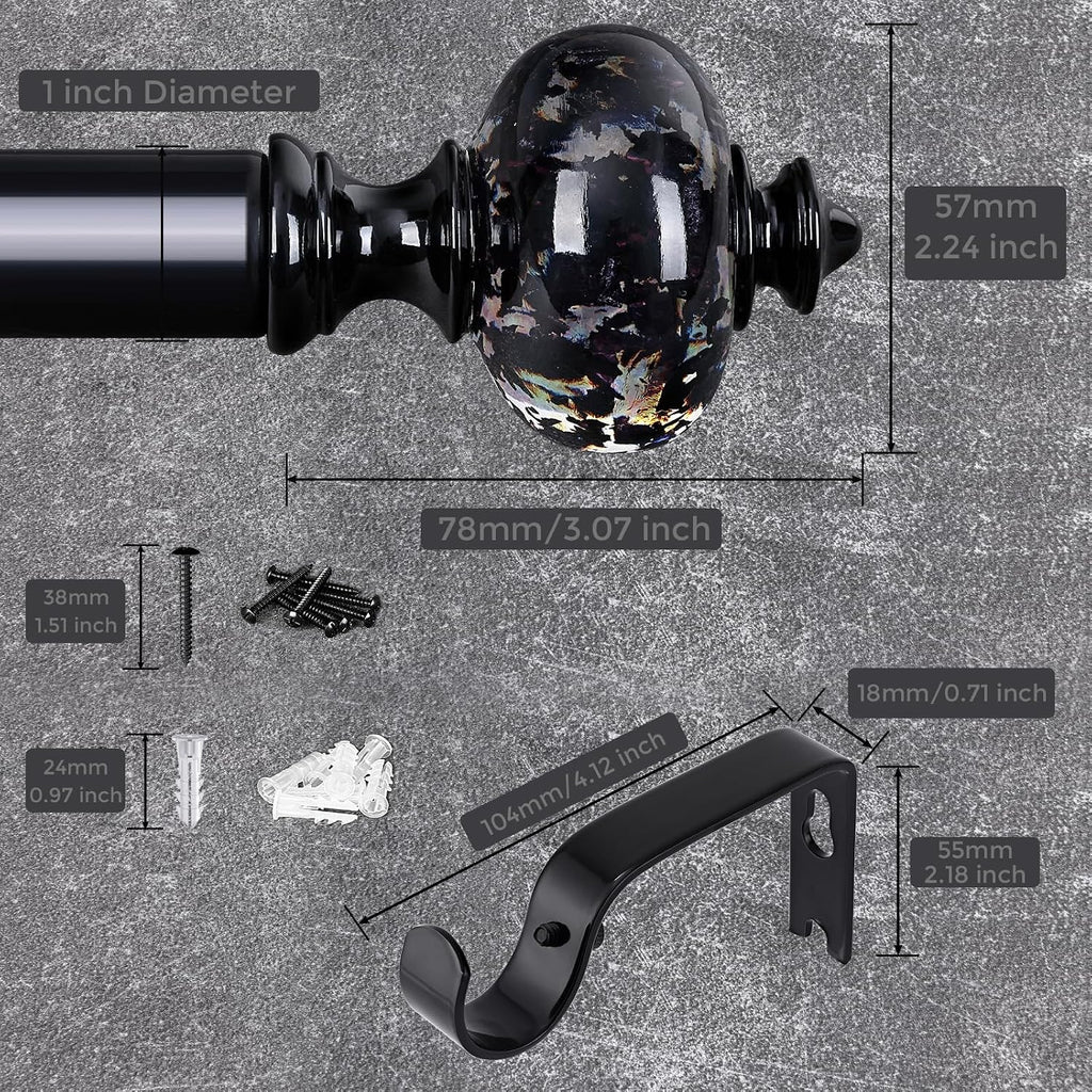 Black Curtain Rod for Windows 48 to 84 Inches, 1'' Heavy Duty Adjustable Modern Drapery Rods with Unique Crystal