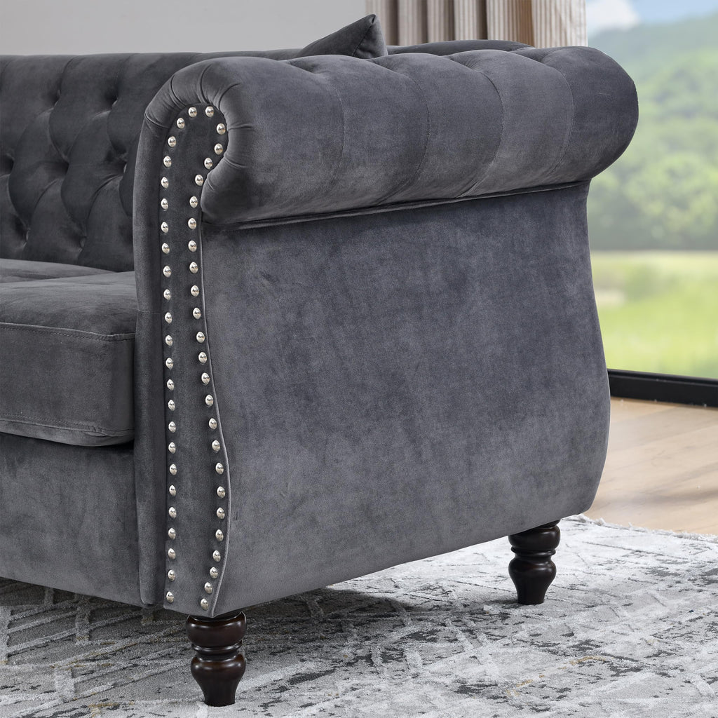 80" 2 Piece 3-Seater Chesterfield Sofa, Combination Sofa with Button Tufted Trimming Curved Backrest Rolled Arms, Grey