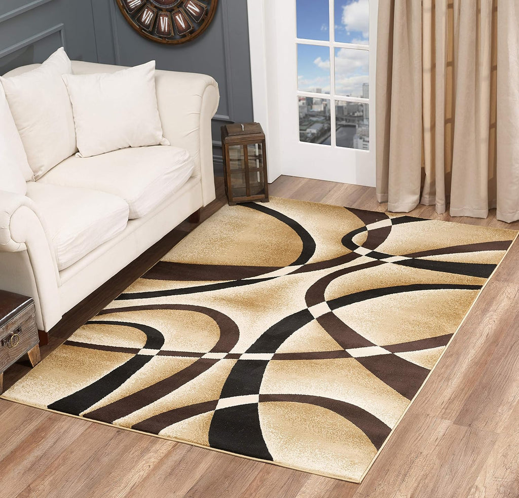 Modern Area Rug 5x7 Beige Swirls Carpet Bedroom Living Room Contemporary Dining Accent Sevilla Collection 4816A (Brown)
