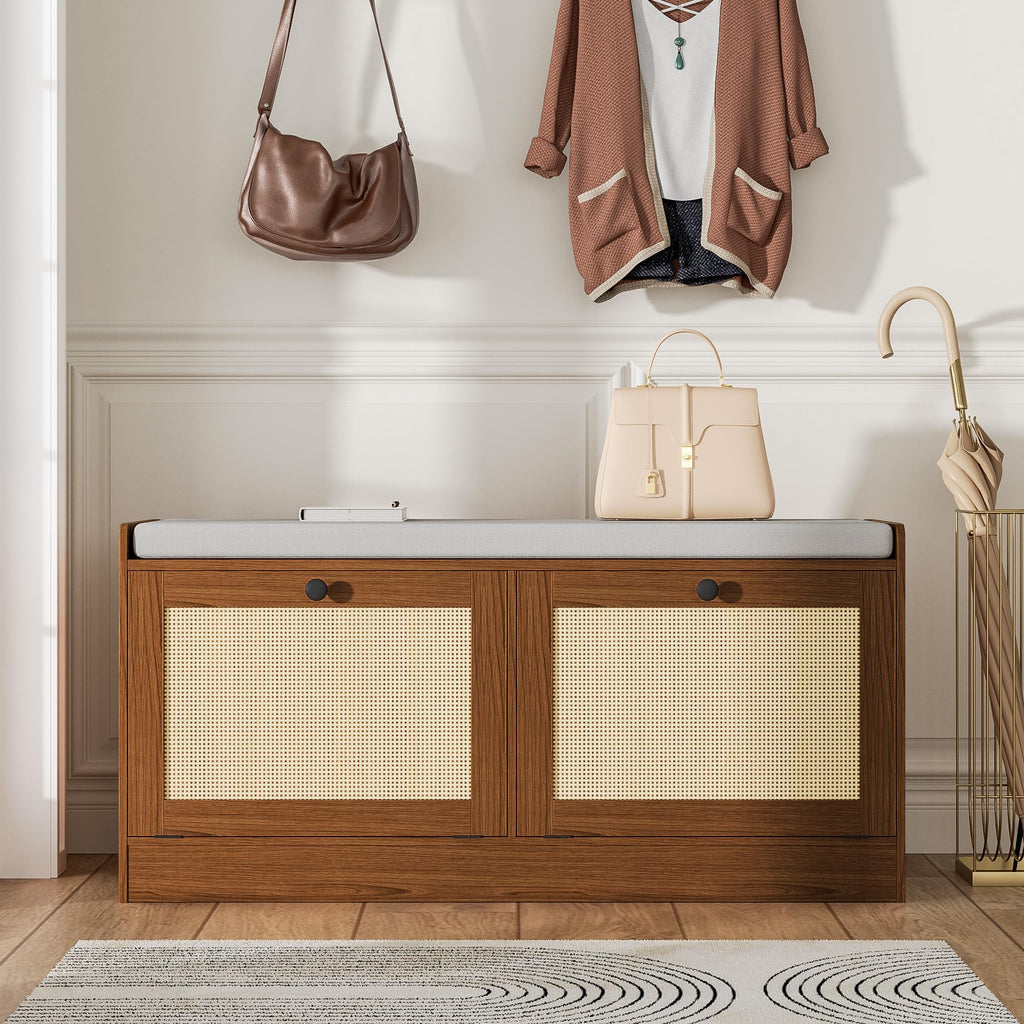 Rattan Shoe Bench - Boho Bench with Storage Cabinets and Seat Cushion - Wooden Storage Bench Fits up to Size 16, Brown