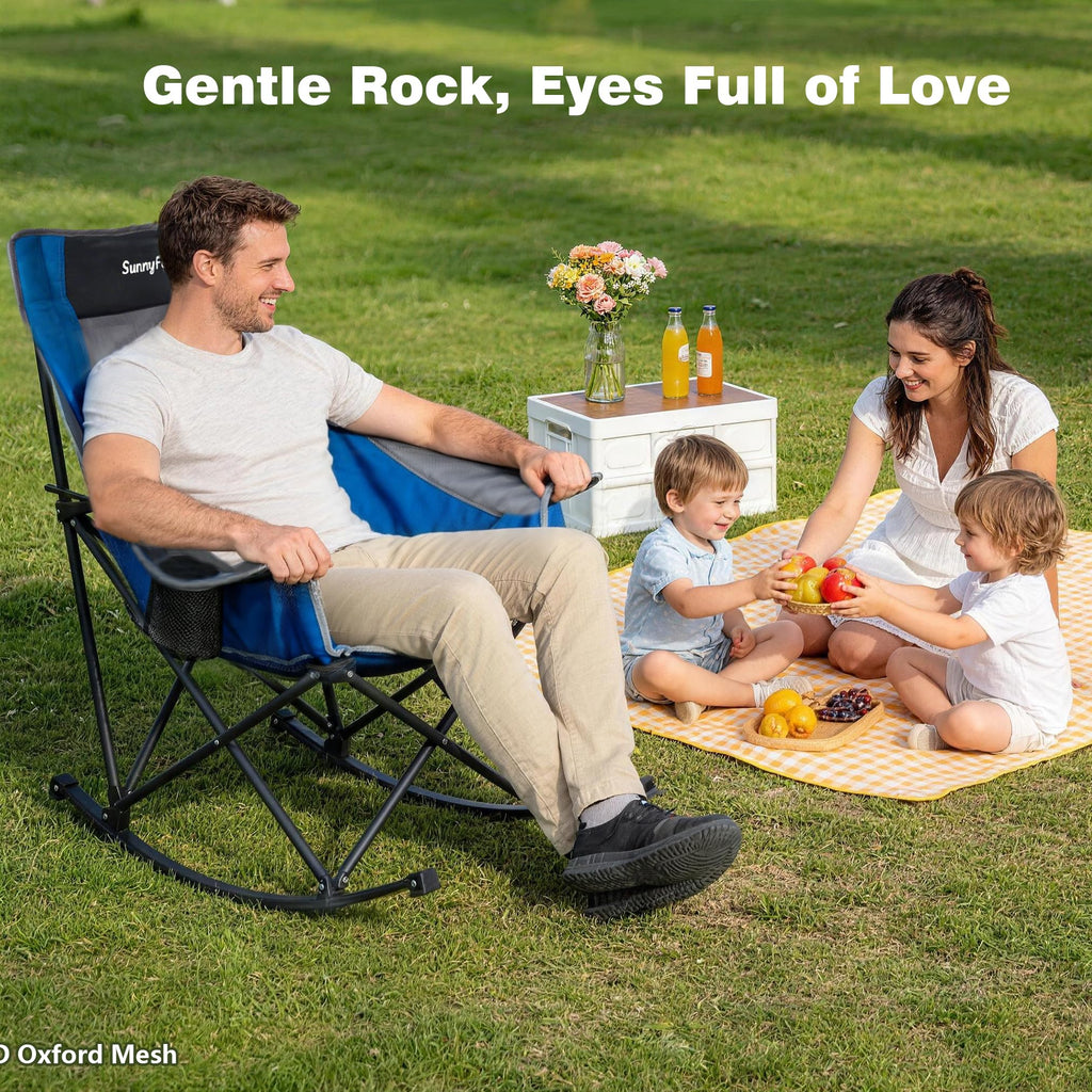 Rocking Camping Chair Fully Padded Patio Folding Chair Portable Oversized Outdoor Rocker High Back Lawn Recliner with
