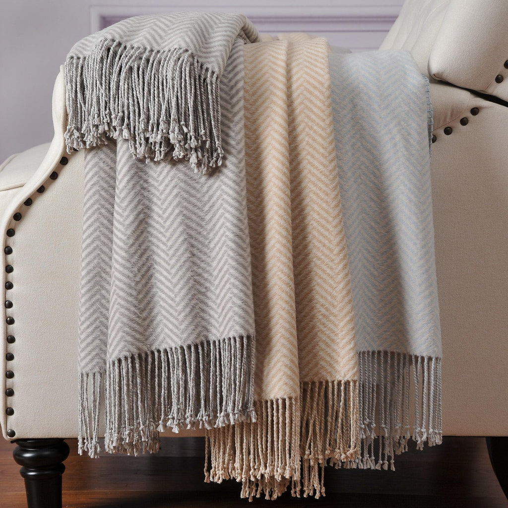 Silk Throw Blanket with Hand-Knotted Fringe, Natural, Soft & Breathable (Herringbone Gray)