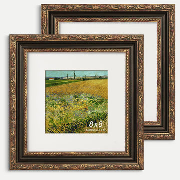 Antique 8x8 Picture Frame, Ornate Embossing Frame with Paper Mat and Real Glass, Fit for 8x8 without Mat or 5x5 with