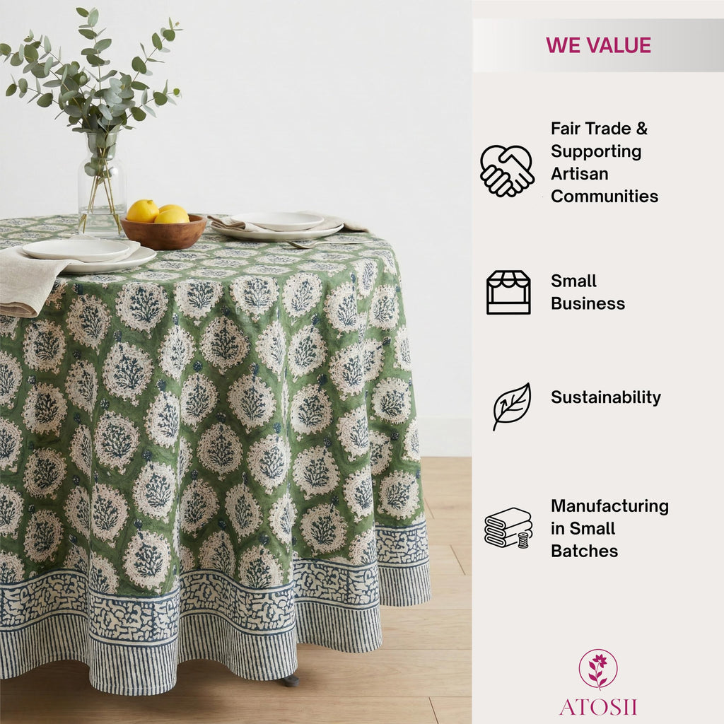 Cotton Blockprint Round Tablecloth, Kari Green, 90 Inches