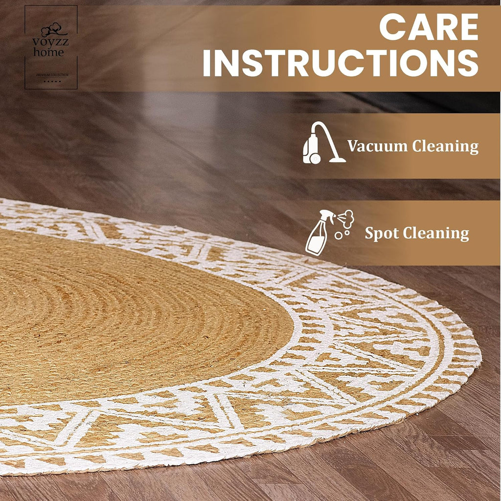 Premium Natural Jute Braided Area Rug, 6-feet Round, White Printed Border, Stain Resistance, Natural Handmade Rug s