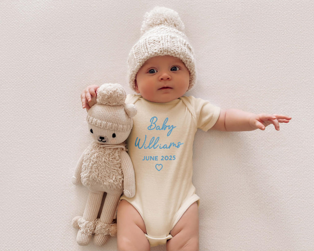 PHYSIQUE Custom Embroidered Pregnancy Announcement Bodysuit, Newborn Gift, Coming Soon Baby Clothing with Name & Date