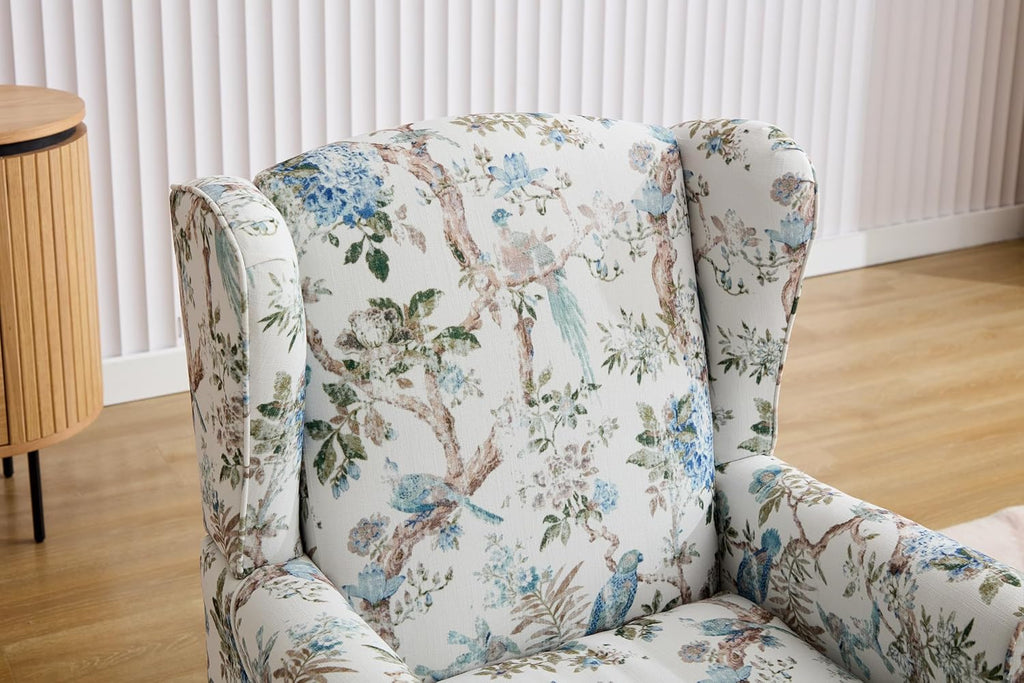 Modern Wingback Accent Chair with Solid Wood Legs and Cushion, Comfy Upholstered Floral Pattern Armchair, Retro