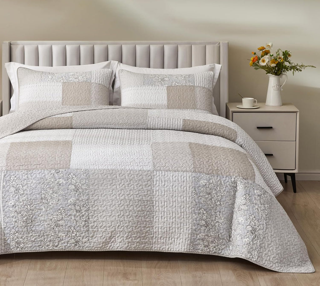 3-Piece Neutral Taupe Gray White Floral Hibiscus Flower Candy Stripe Patchwork Quilt Set - Pre-Washed Cotton