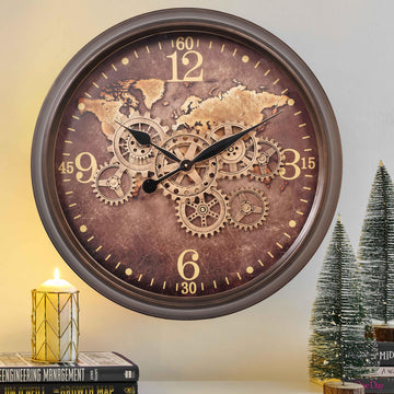 24 Inch Moving Gear Wall Clock, World Map Design