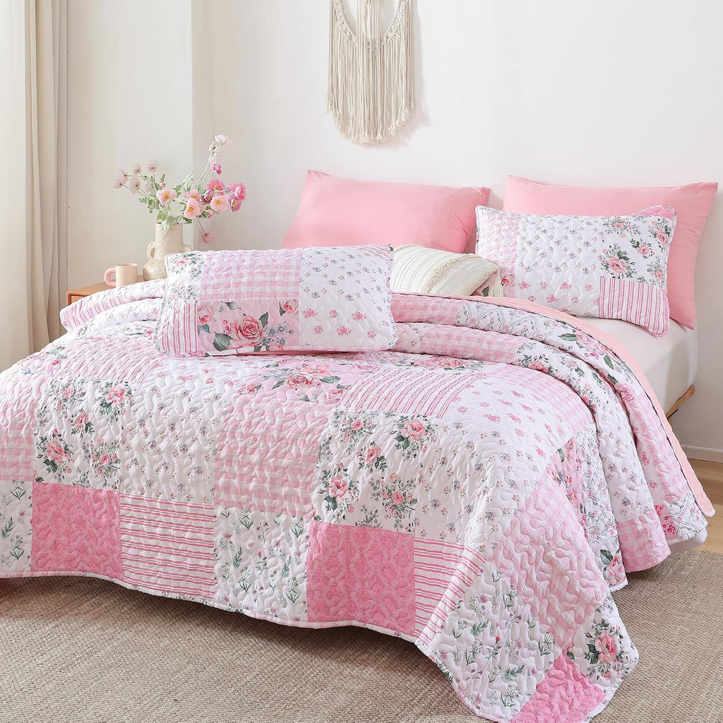 Floral Quilt Set Queen - Ultra Soft Lightweight Bedspread, 3 Piece Pink Bedding Set (90"x90") with Pillowcases
