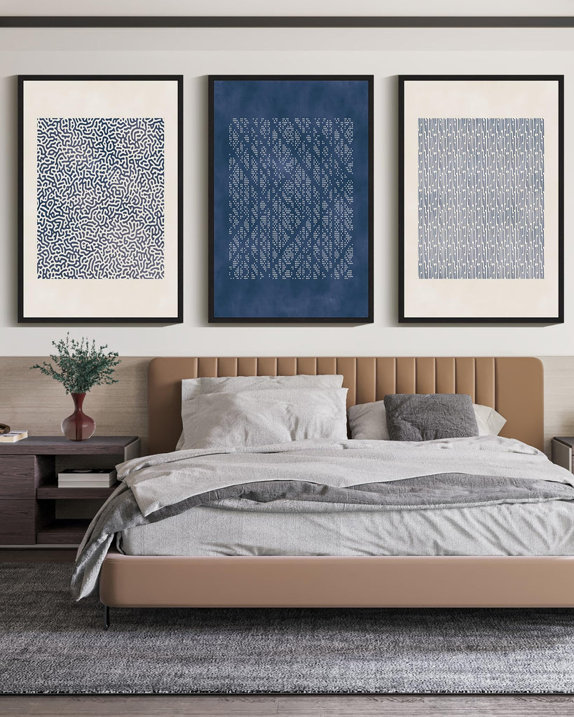 Blue Mid-Century Modern Framed Wall Art Large 24x36in Minimalist Abstract Boho Wall Decor Geometric Artwork Kitchen