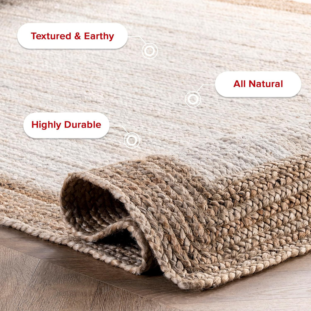 Eleonora White/Natural, 4' x 6' Oval, Bordered, Jute, Soft and Textured, High Traffic, Stain Resistant, Easy Clean