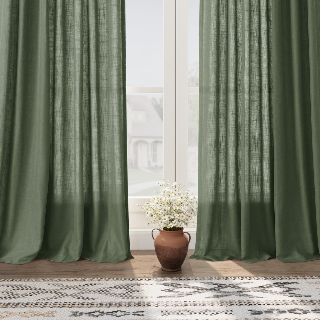 Olive Green Linen Curtains 63 Inches Length 2 Panels Set Back Tab Pocket Aesthetic Neutral Light Filtering Semi Sheer