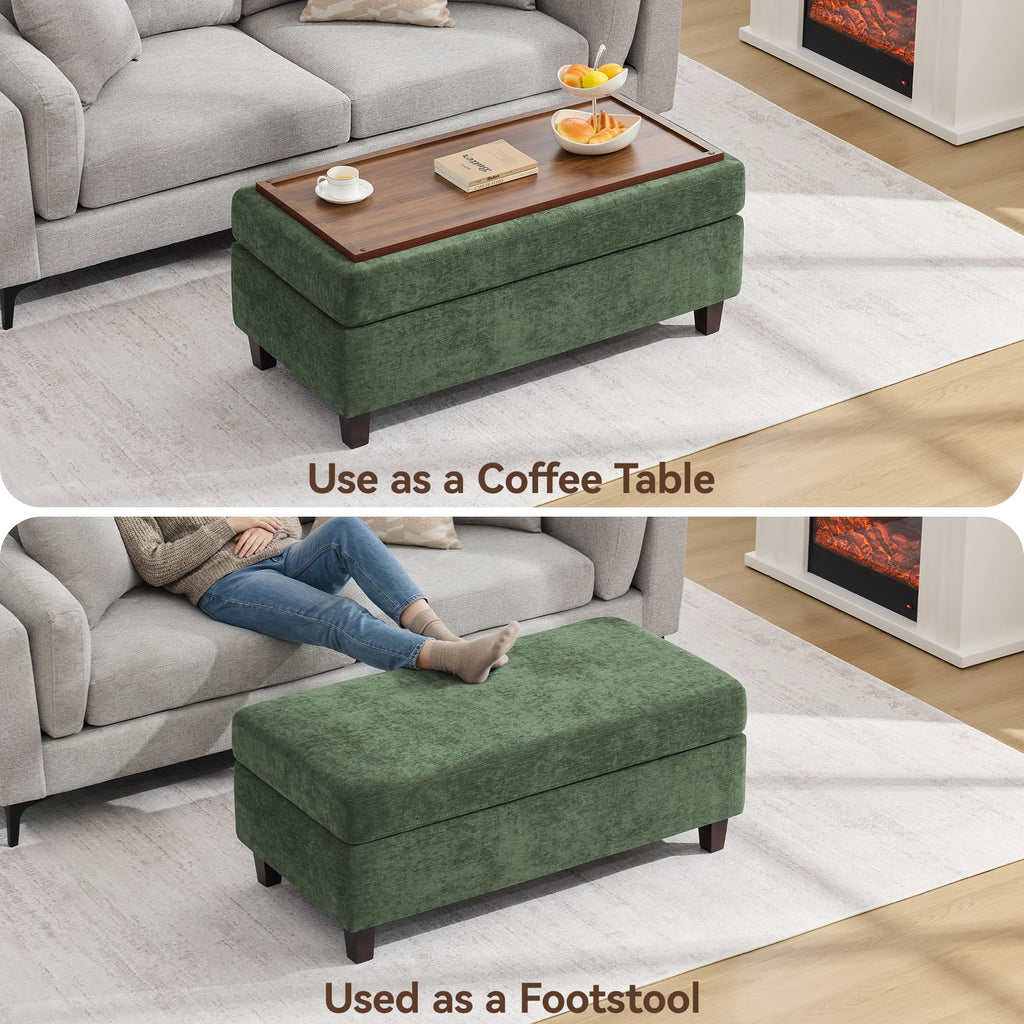 45 Inch Large Storage Ottoman Bench with Wooden Tray Coffee Table, Green Chenille Upholstered Foot Rest