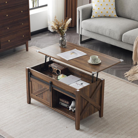 Farmhouse Lift Top Coffee Table, Rustic Grey with Storage Shelf/Hidden Compartment, Mesa De Centro para Sala