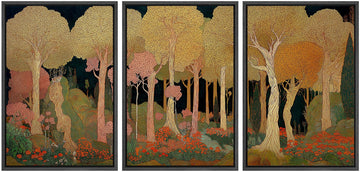 Framed Print Wall Art Set Art Nouveau Golden Forest Whimsical Vintage Tree and FloralDecorative Minimal Relax/Zen