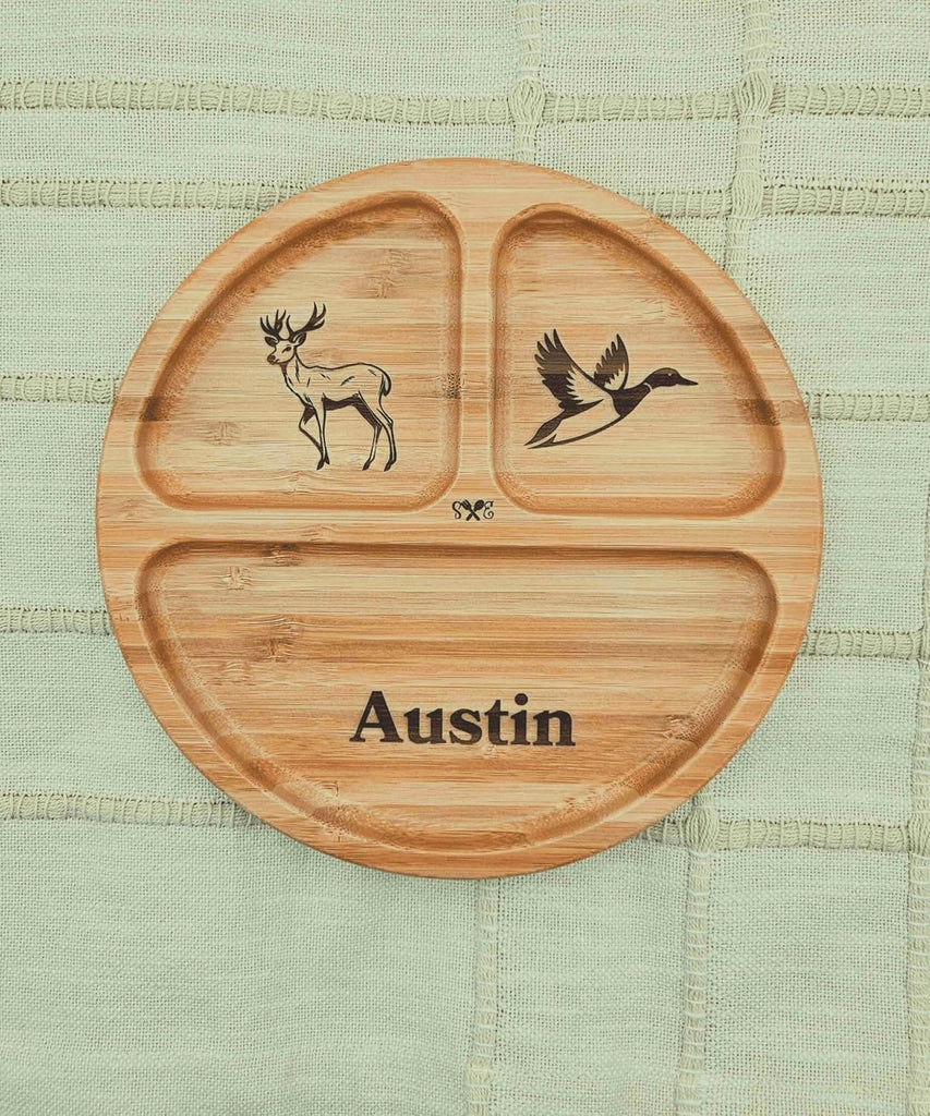 Personalized Bamboo Round Baby Plate | BLW Feeding, Suction Cups (Engraved Name)