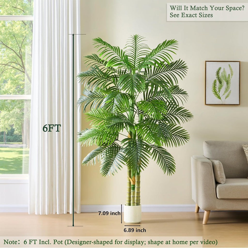 Artificial Golden Cane Palm Tree:6T Fake Large Tropical Areca Palm Trees Tall Faux Silk Plant in White Pot